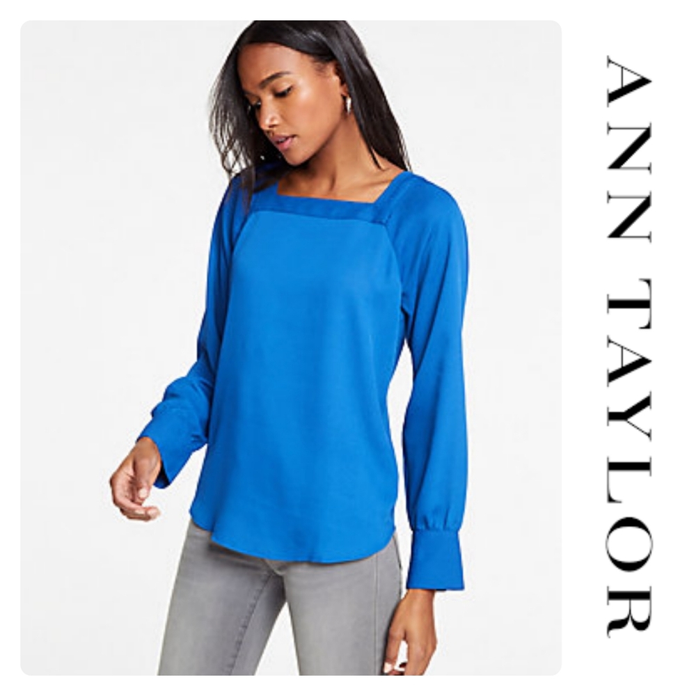 Ann Taylor Square Neck Blouse In Riviera Blue XS